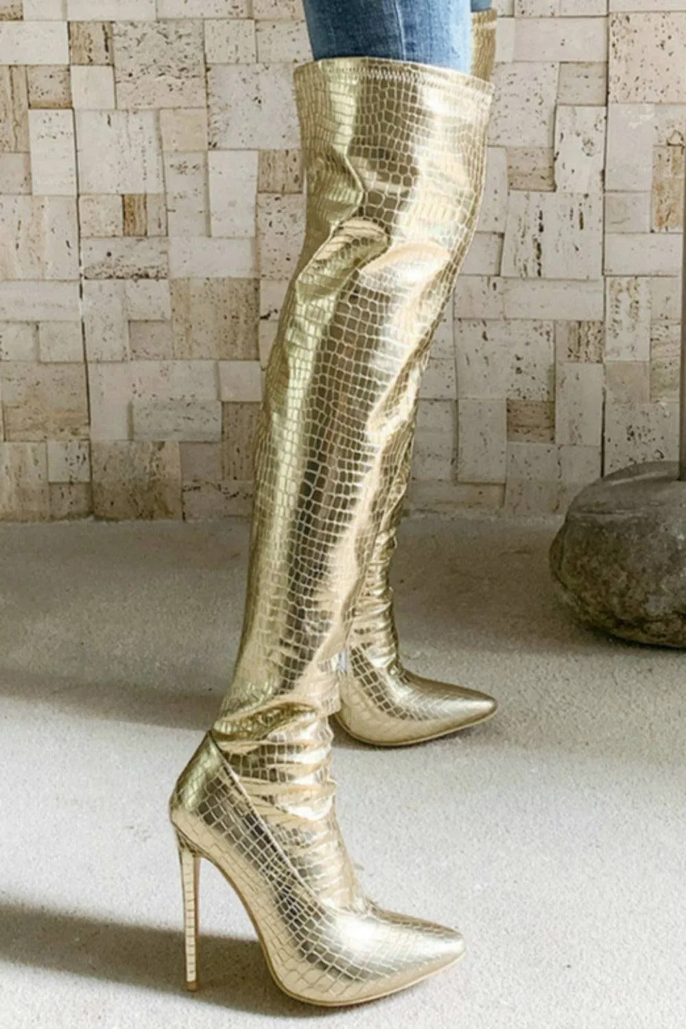 Ruby Metallic Knee High Gold Crocodile Boots
