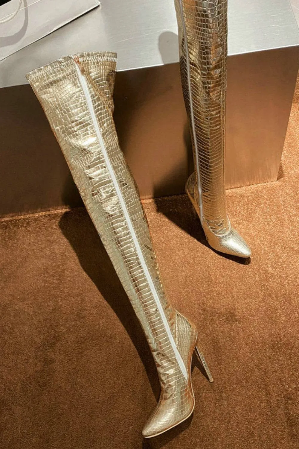 Ruby Metallic Knee High Gold Crocodile Boots