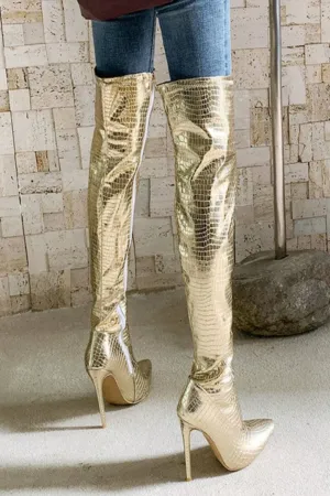 Ruby Metallic Knee High Gold Crocodile Boots