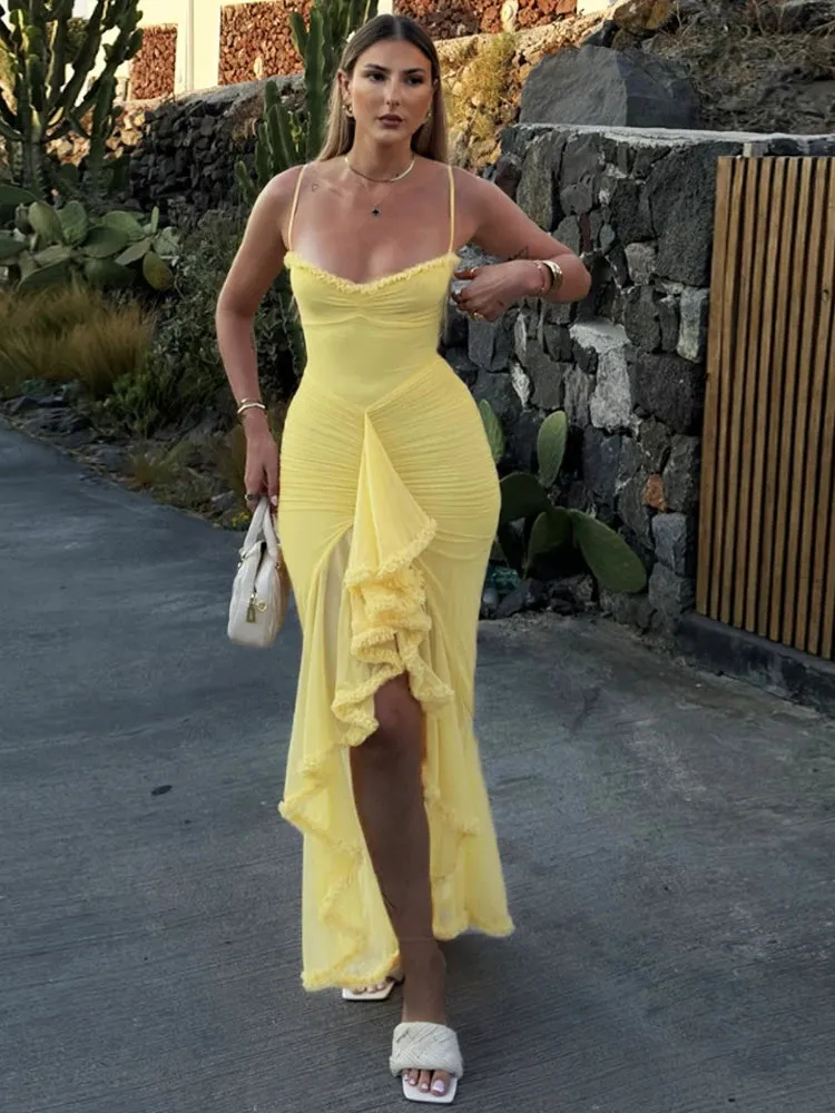 Ruched High-Low Dress with Cascading Ruffles – Glam Collection