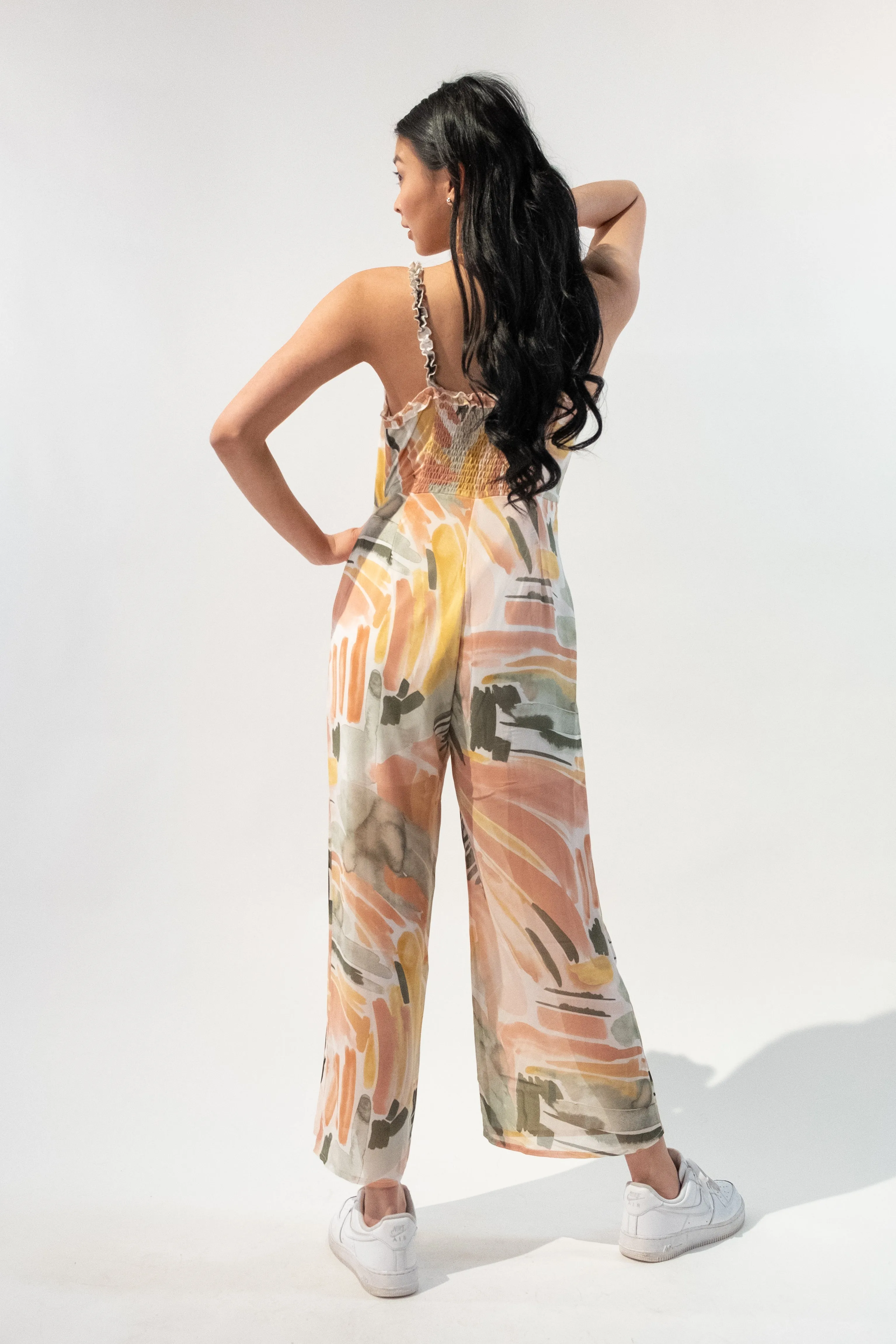 Ruffle Straps Patterned Jumpsuit