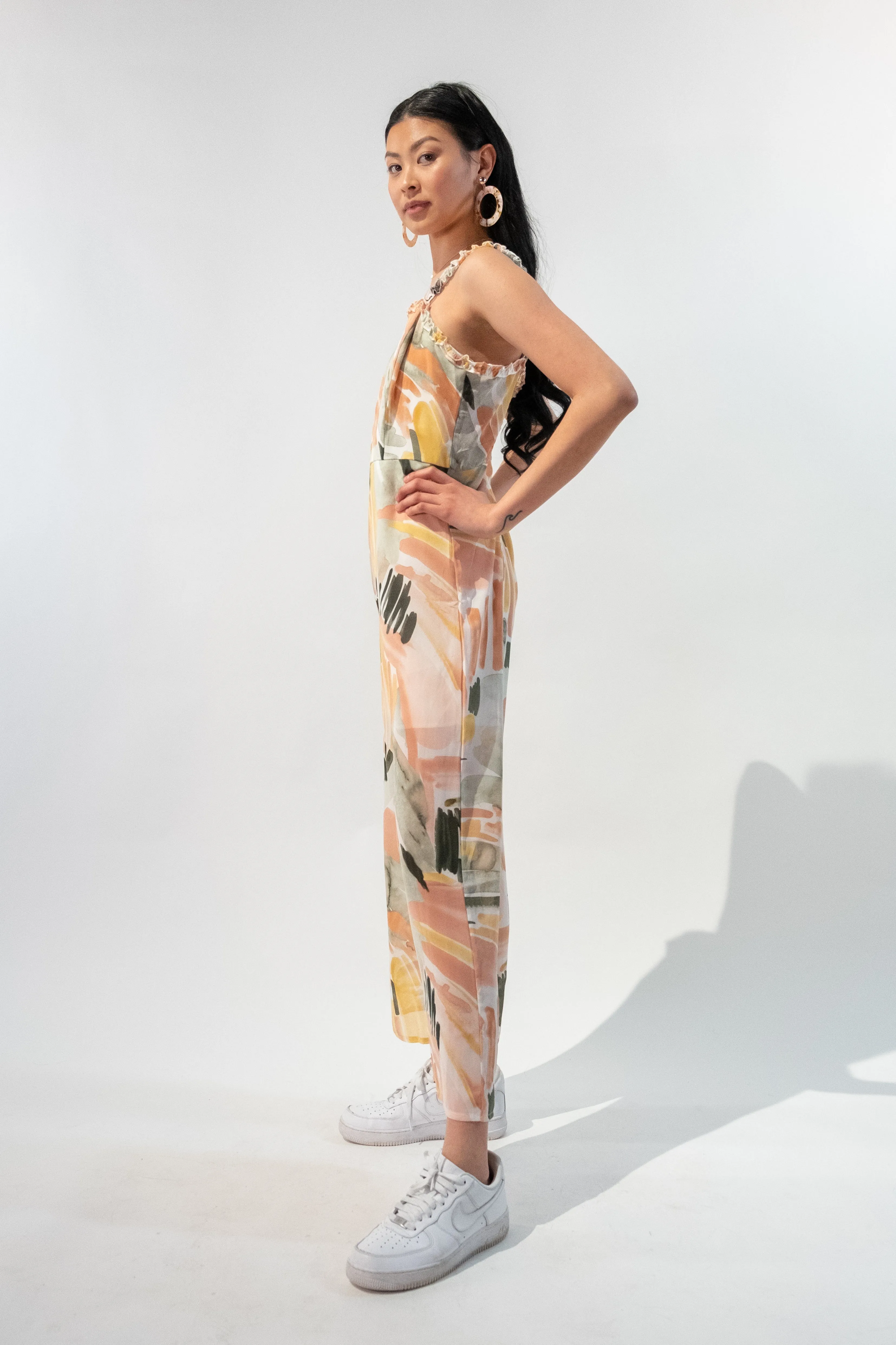 Ruffle Straps Patterned Jumpsuit