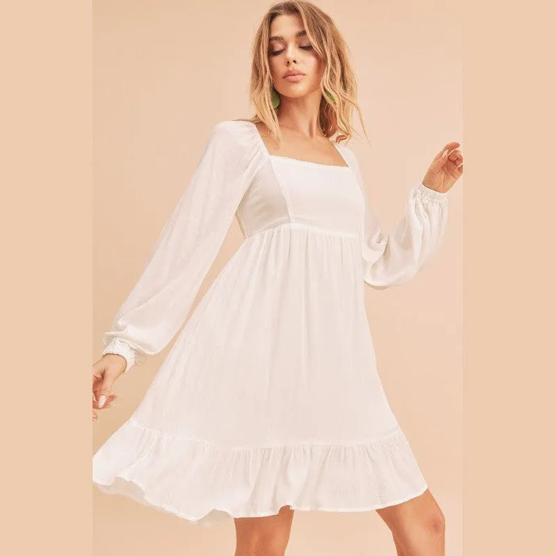 Ruffled Hem Square Neck Balloon Sleeve Mini Dress