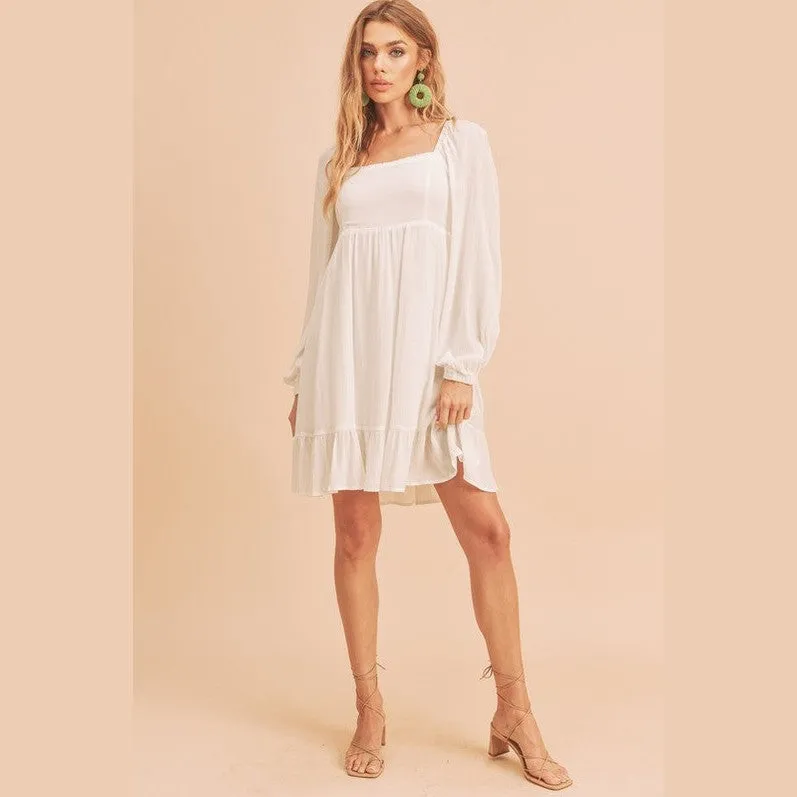 Ruffled Hem Square Neck Balloon Sleeve Mini Dress