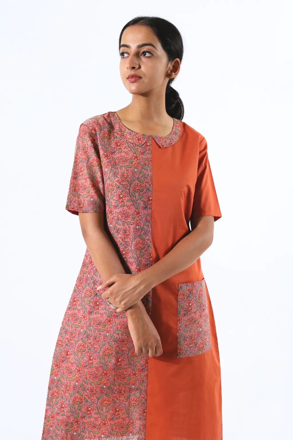 Saffron Front Yoke Block Printed Dress