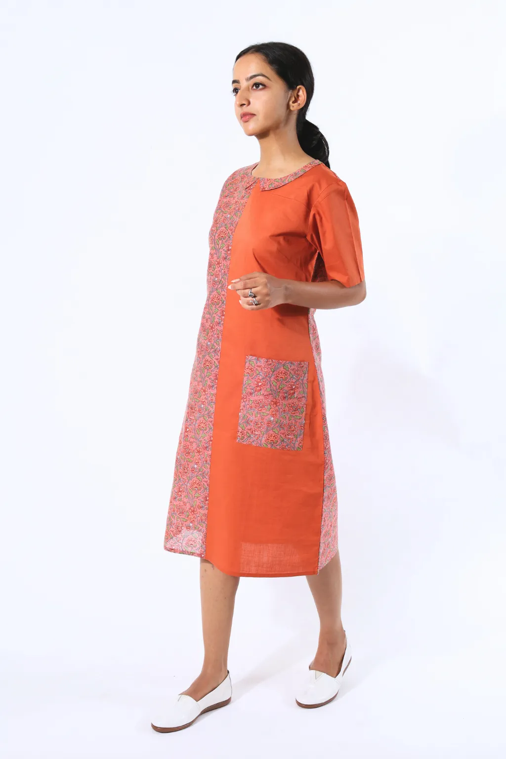 Saffron Front Yoke Block Printed Dress