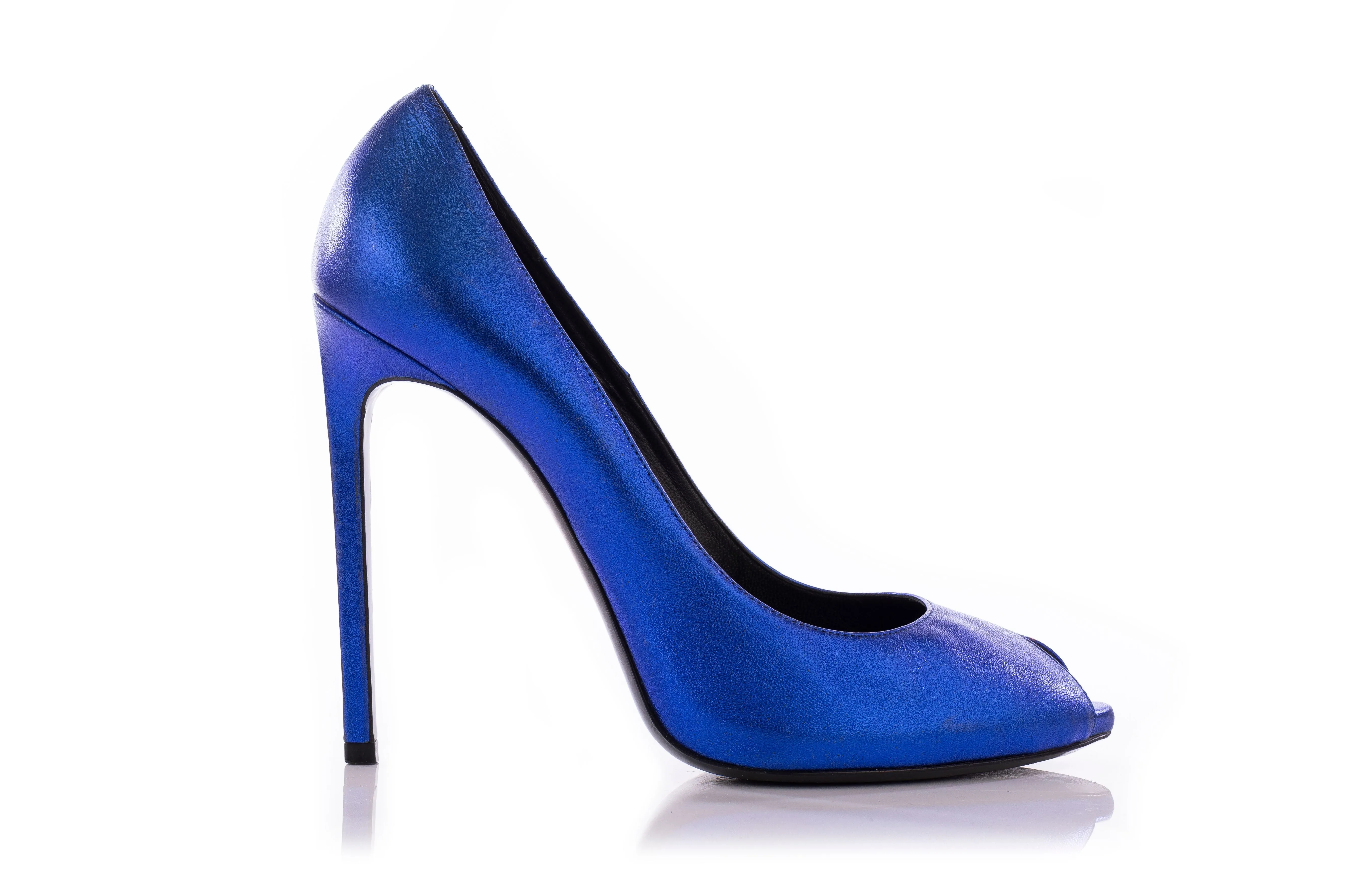 Saint Laurent Blue Metallic Peeptoe Pumps