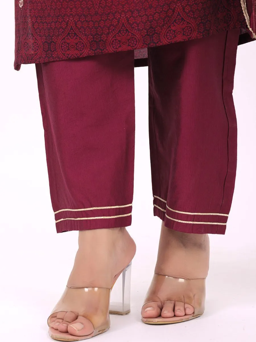Satrangi Women's Maroon Blended Silk Embroidered V Neck Three Fourth Sleeve Kurta Set