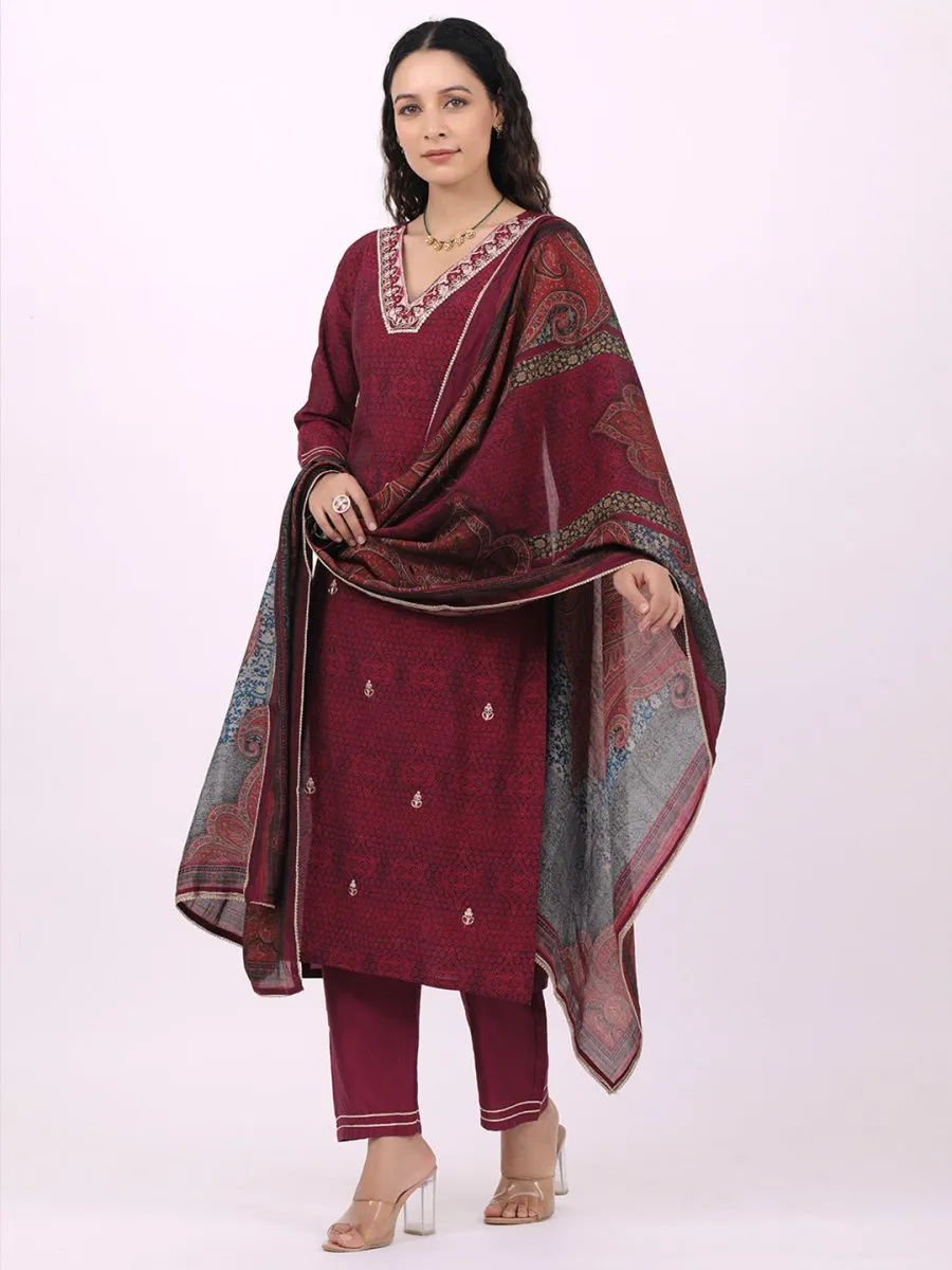 Satrangi Women's Maroon Blended Silk Embroidered V Neck Three Fourth Sleeve Kurta Set