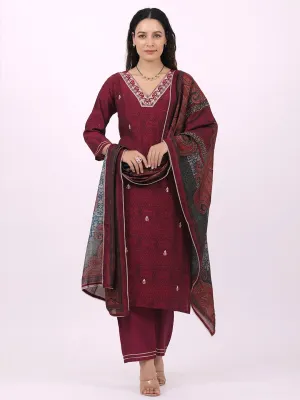 Satrangi Women's Maroon Blended Silk Embroidered V Neck Three Fourth Sleeve Kurta Set
