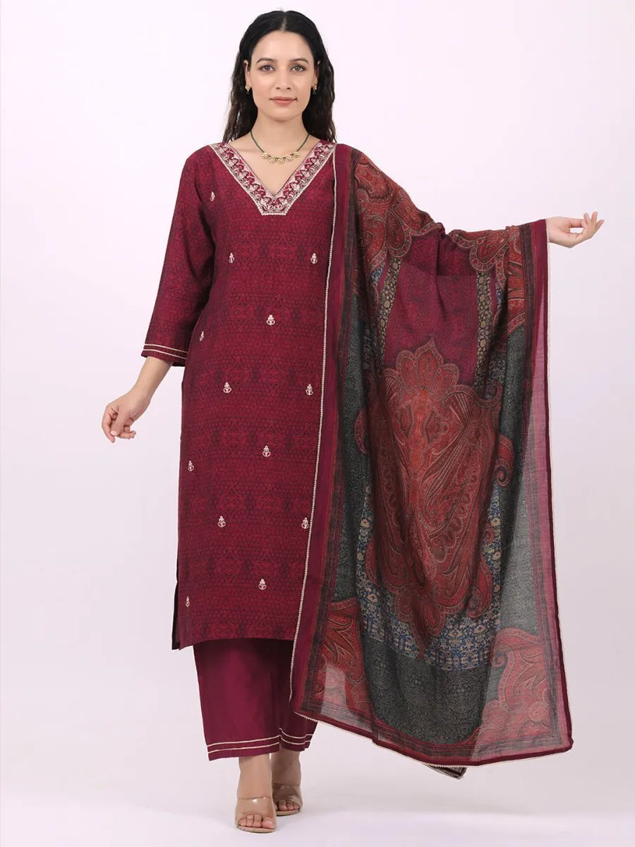 Satrangi Women's Maroon Blended Silk Embroidered V Neck Three Fourth Sleeve Kurta Set