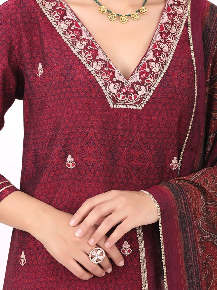 Satrangi Women's Maroon Blended Silk Embroidered V Neck Three Fourth Sleeve Kurta Set