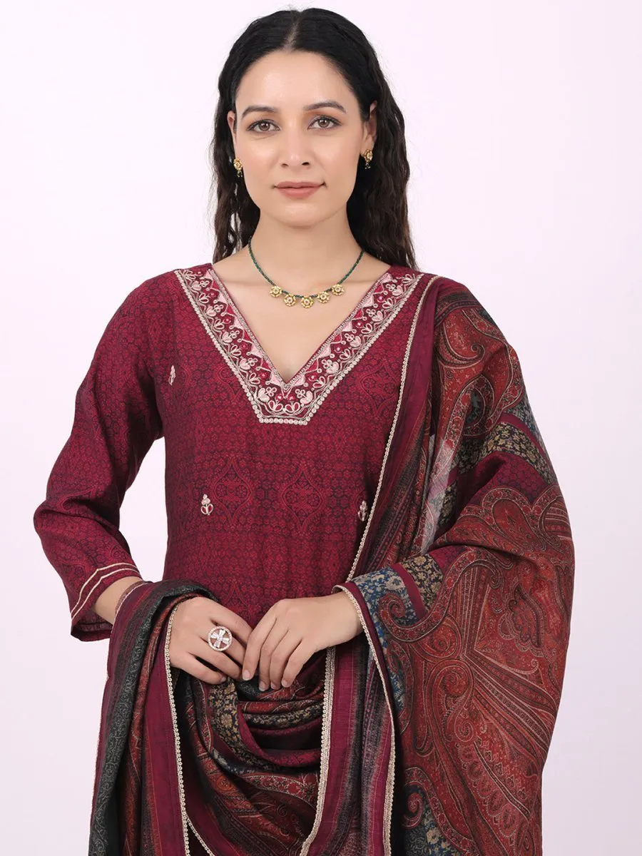 Satrangi Women's Maroon Blended Silk Embroidered V Neck Three Fourth Sleeve Kurta Set