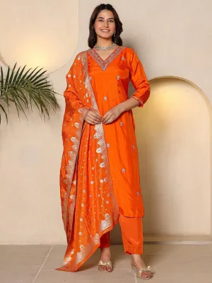 Satrangi Women's Orange V-Neck Embroidered Kurta Pant Set - 3/4th Sleeve Printed Set for Women