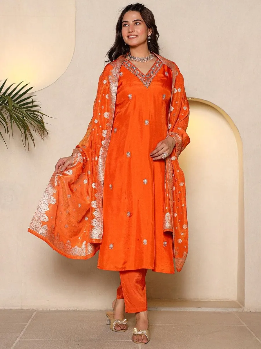 Satrangi Women's Orange V-Neck Embroidered Kurta Pant Set - 3/4th Sleeve Printed Set for Women