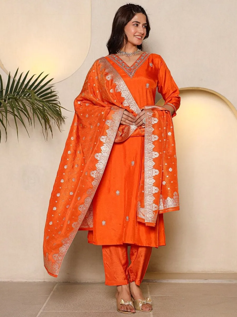 Satrangi Women's Orange V-Neck Embroidered Kurta Pant Set - 3/4th Sleeve Printed Set for Women