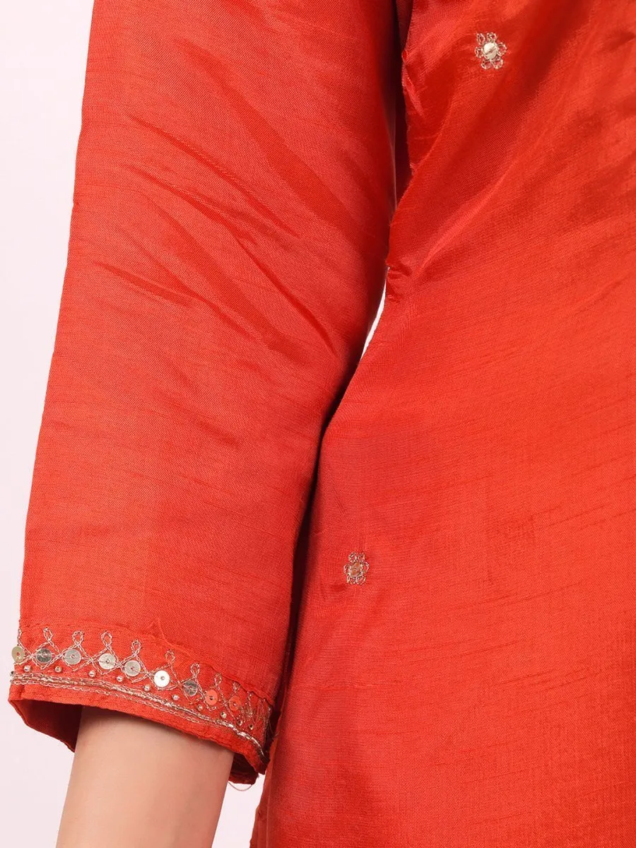 Satrangi Women's Orange Viscose Silk Embroidered 3/4th Sleeve Round Neck Kurta Set