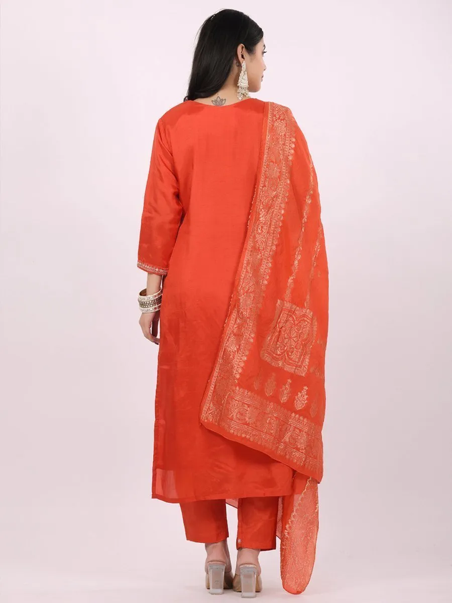 Satrangi Women's Orange Viscose Silk Embroidered 3/4th Sleeve Round Neck Kurta Set