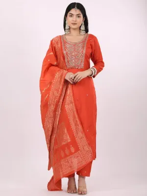 Satrangi Women's Orange Viscose Silk Embroidered 3/4th Sleeve Round Neck Kurta Set