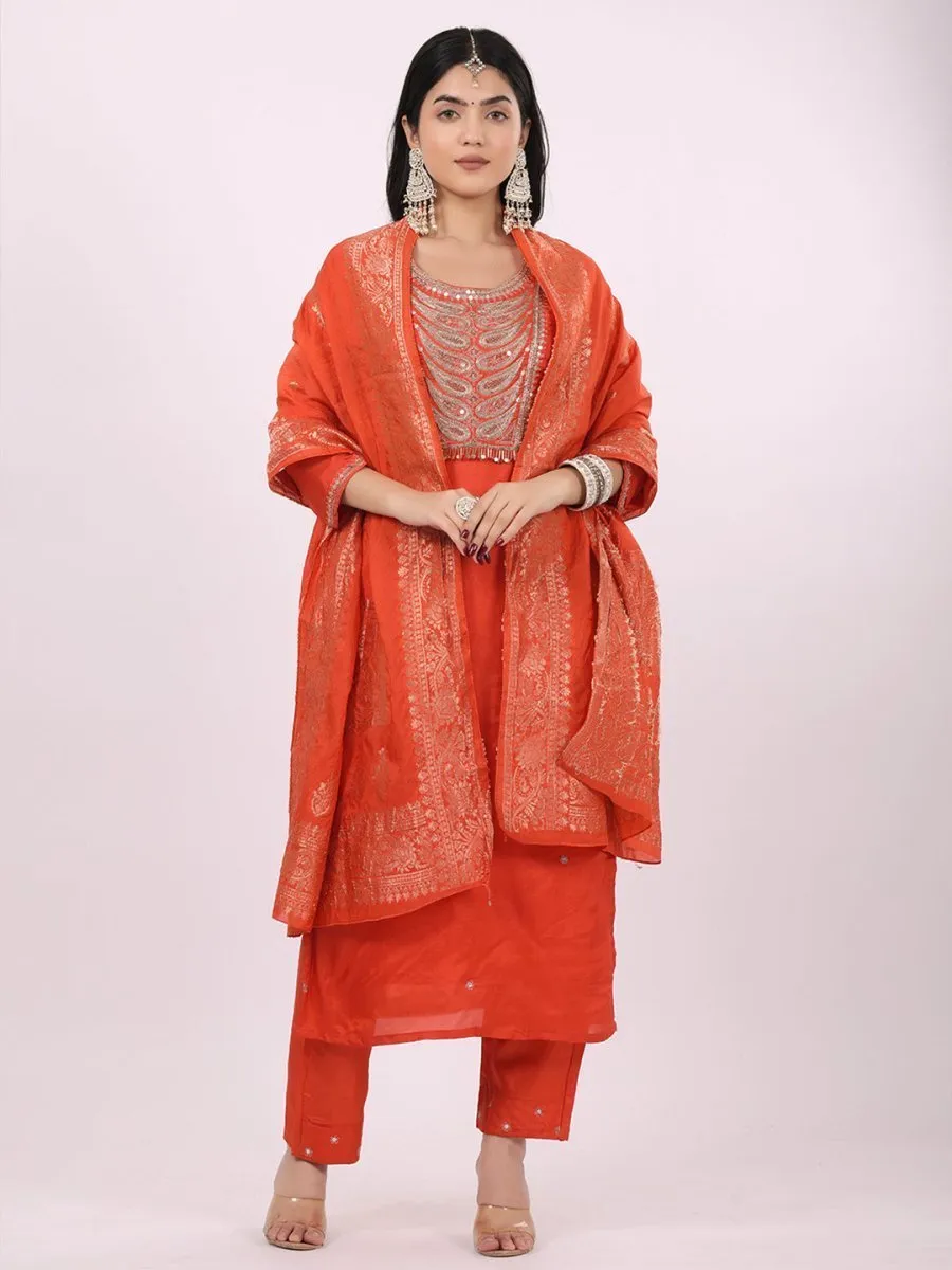 Satrangi Women's Orange Viscose Silk Embroidered 3/4th Sleeve Round Neck Kurta Set