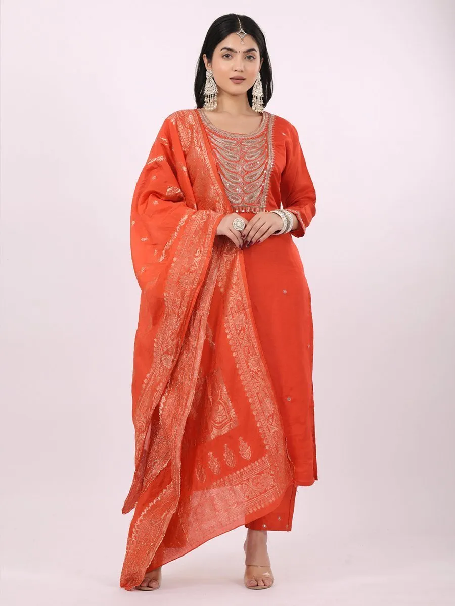 Satrangi Women's Orange Viscose Silk Embroidered 3/4th Sleeve Round Neck Kurta Set