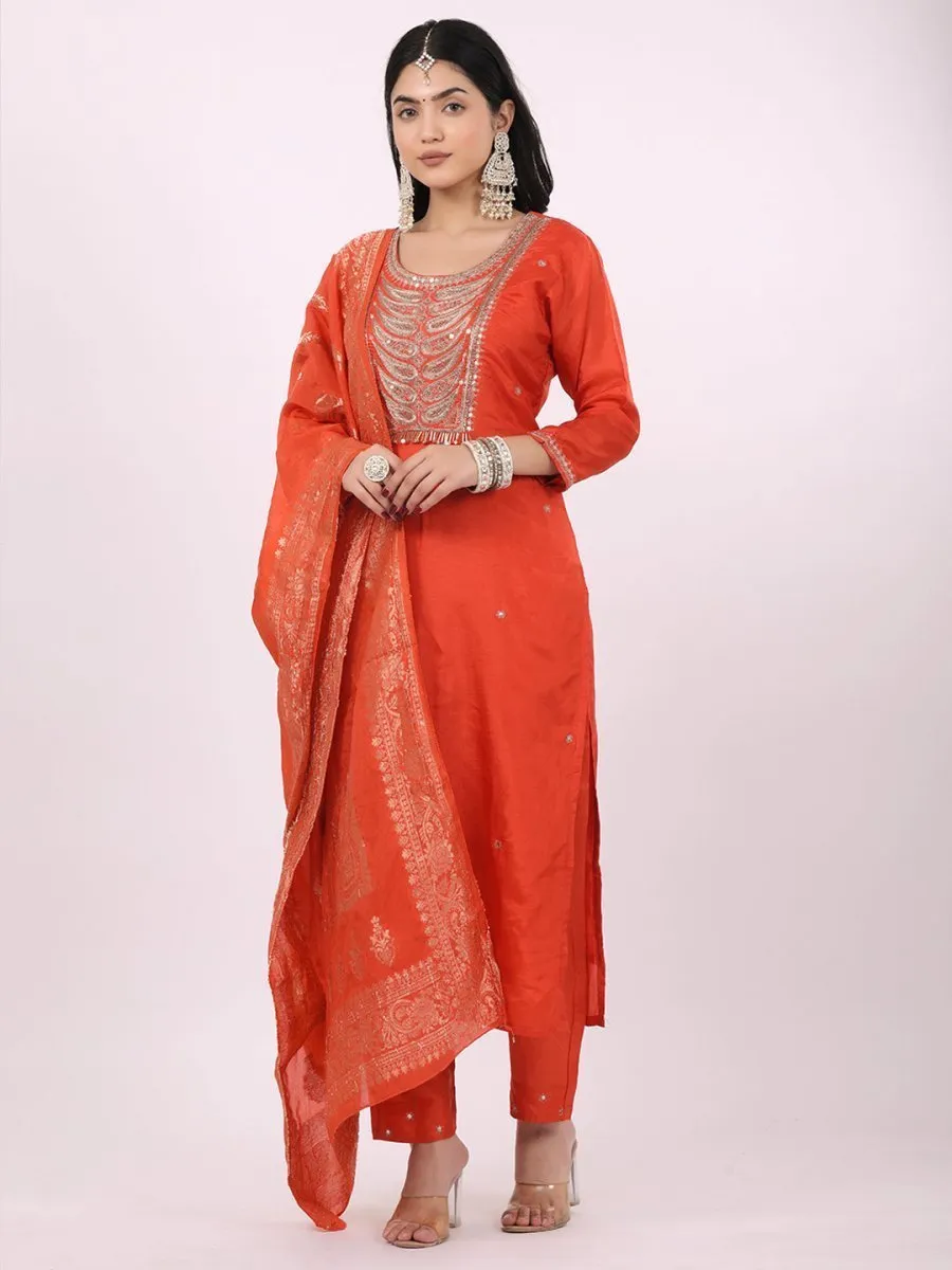 Satrangi Women's Orange Viscose Silk Embroidered 3/4th Sleeve Round Neck Kurta Set