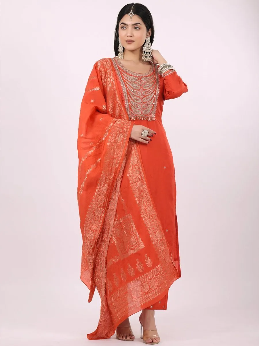 Satrangi Women's Orange Viscose Silk Embroidered 3/4th Sleeve Round Neck Kurta Set