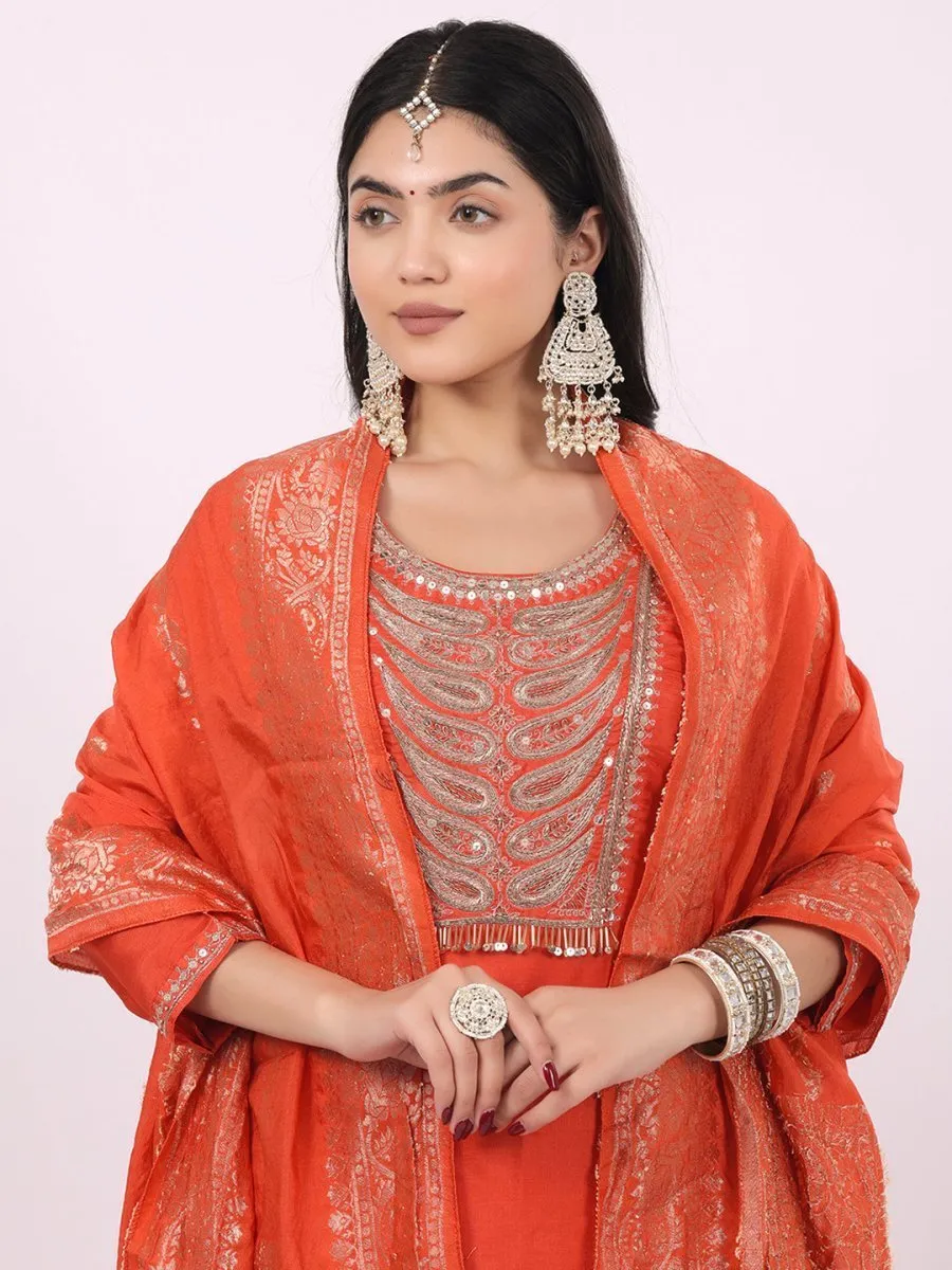 Satrangi Women's Orange Viscose Silk Embroidered 3/4th Sleeve Round Neck Kurta Set