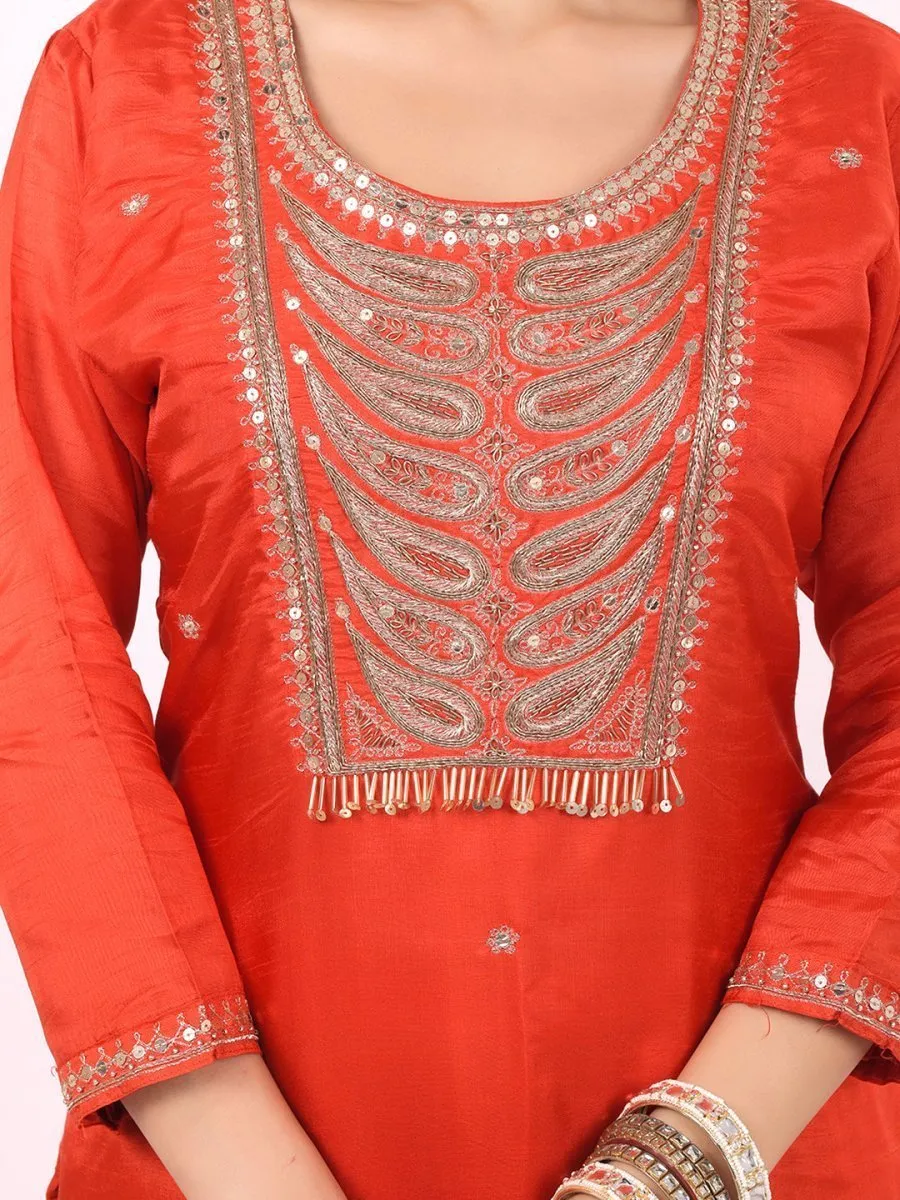 Satrangi Women's Orange Viscose Silk Embroidered 3/4th Sleeve Round Neck Kurta Set