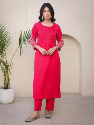 Satrangi Women's Pink Cotton Embroidered 3/4th Sleeve Round Neck Kurta & Pant Set
