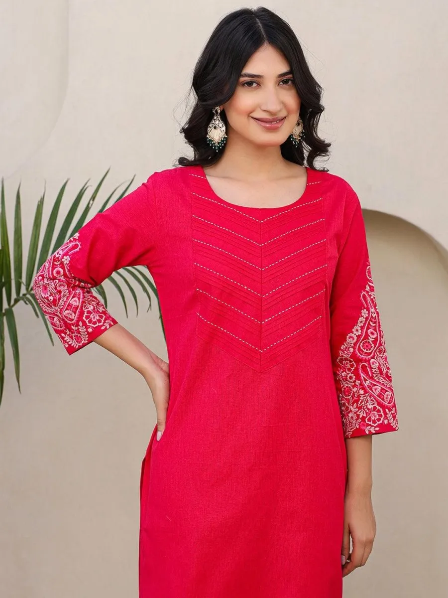 Satrangi Women's Pink Cotton Embroidered 3/4th Sleeve Round Neck Kurta & Pant Set