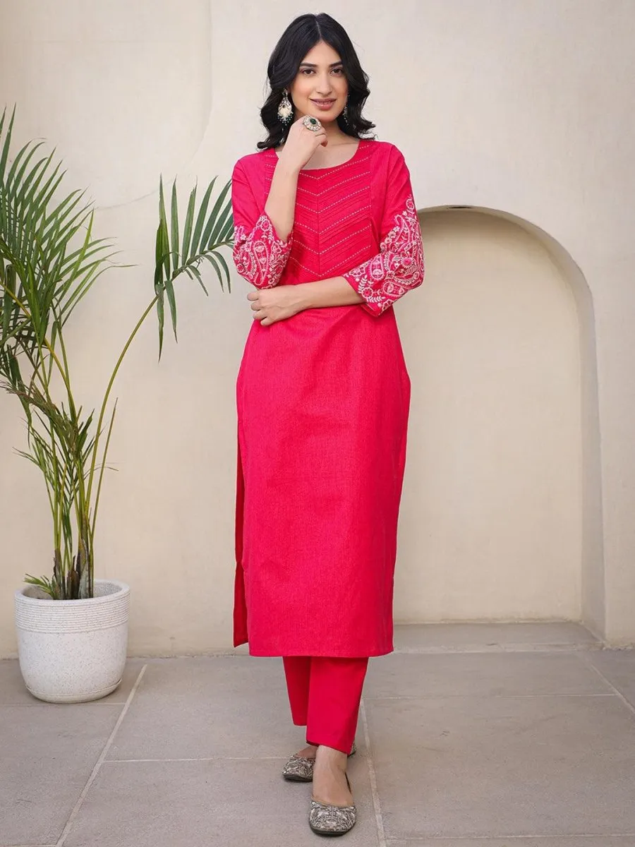 Satrangi Women's Pink Cotton Embroidered 3/4th Sleeve Round Neck Kurta & Pant Set