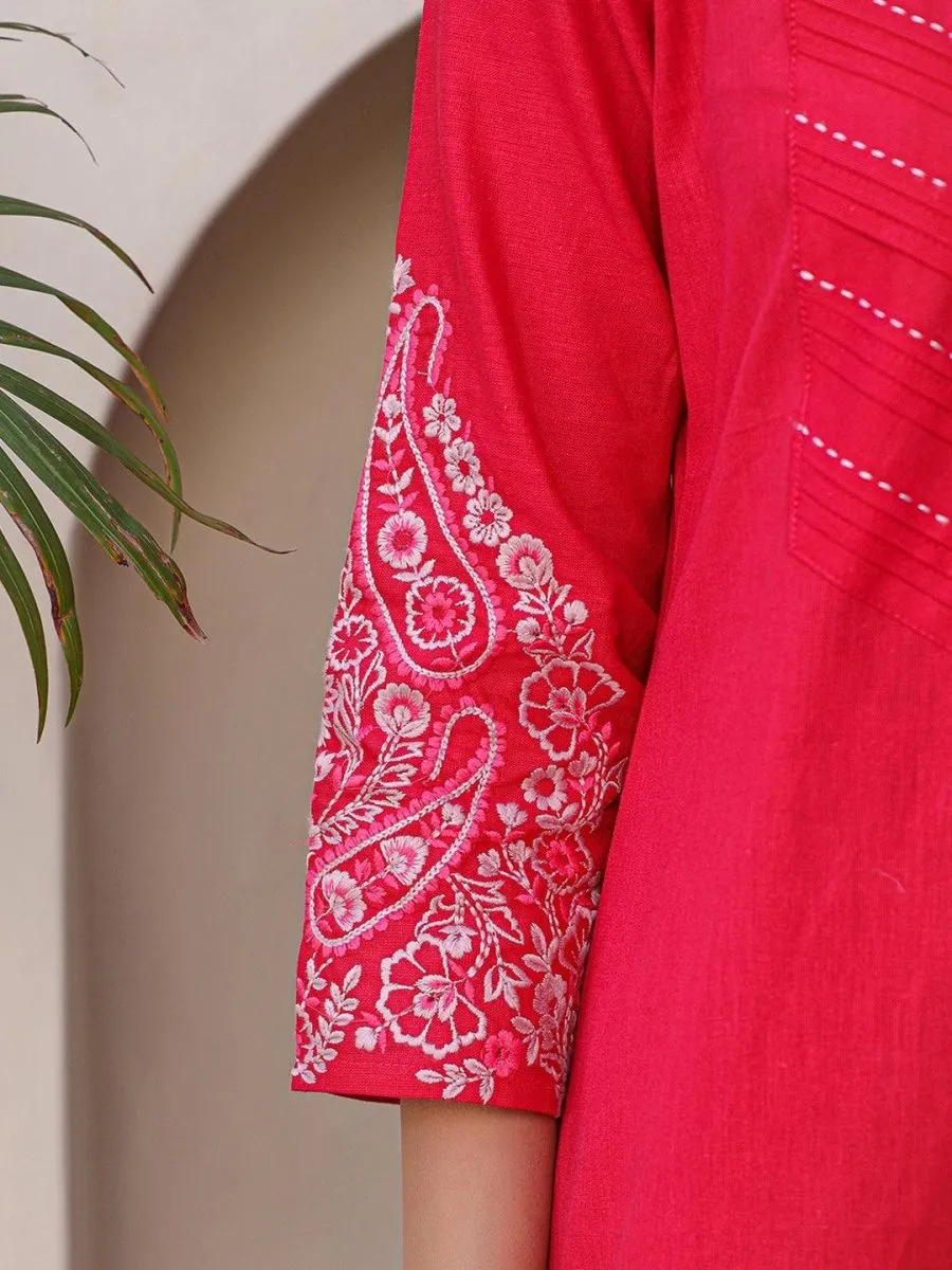 Satrangi Women's Pink Cotton Embroidered 3/4th Sleeve Round Neck Kurta & Pant Set