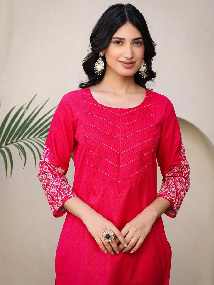 Satrangi Women's Pink Cotton Embroidered 3/4th Sleeve Round Neck Kurta & Pant Set