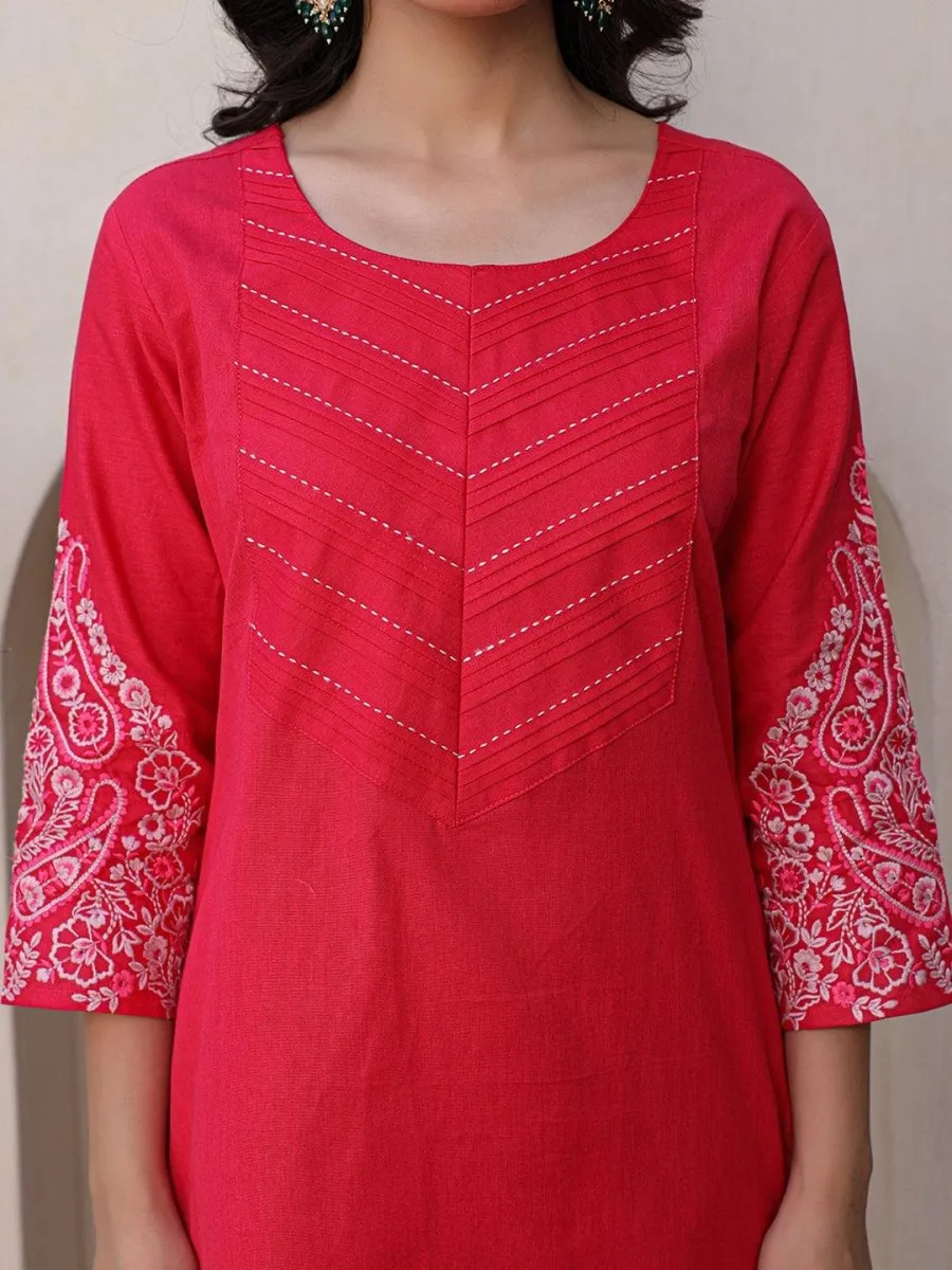 Satrangi Women's Pink Cotton Embroidered 3/4th Sleeve Round Neck Kurta & Pant Set