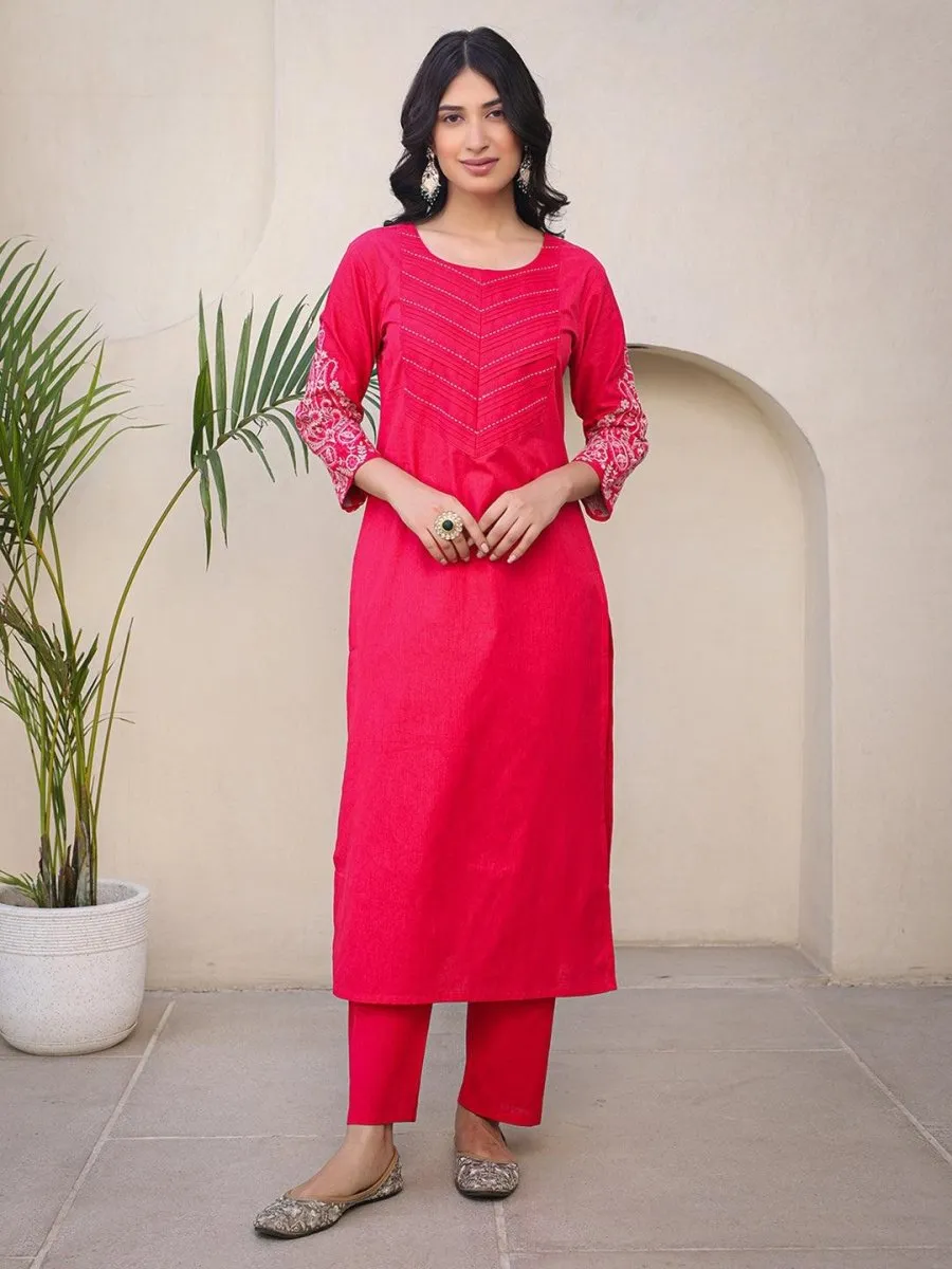 Satrangi Women's Pink Cotton Embroidered 3/4th Sleeve Round Neck Kurta & Pant Set