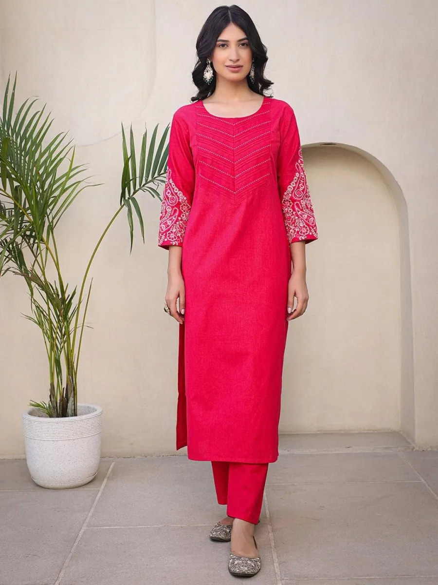 Satrangi Women's Pink Cotton Embroidered 3/4th Sleeve Round Neck Kurta & Pant Set