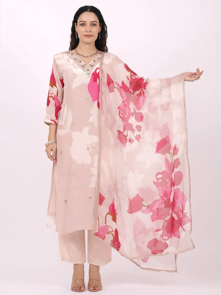 Satrangi Women's Pink Viscose Silk Regular Fit Three Fourth Sleeve V Neck Floral Print Kurta Set