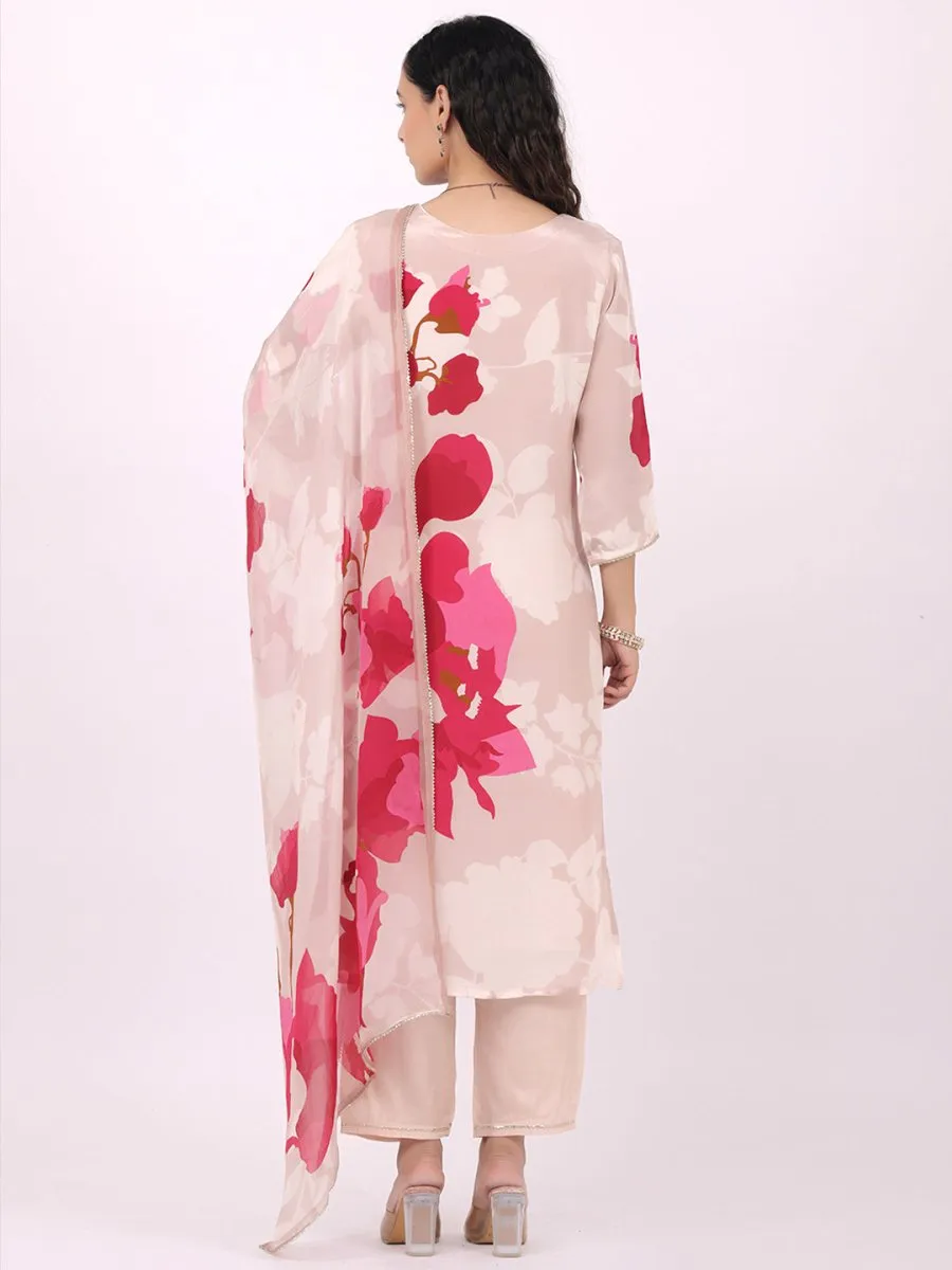 Satrangi Women's Pink Viscose Silk Regular Fit Three Fourth Sleeve V Neck Floral Print Kurta Set