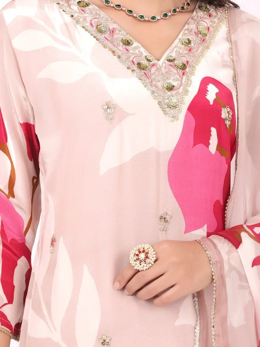 Satrangi Women's Pink Viscose Silk Regular Fit Three Fourth Sleeve V Neck Floral Print Kurta Set