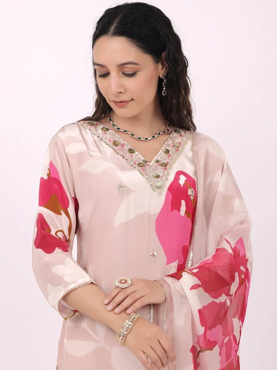 Satrangi Women's Pink Viscose Silk Regular Fit Three Fourth Sleeve V Neck Floral Print Kurta Set