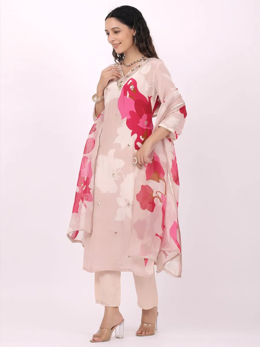 Satrangi Women's Pink Viscose Silk Regular Fit Three Fourth Sleeve V Neck Floral Print Kurta Set