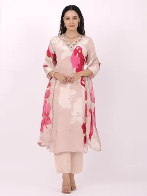 Satrangi Women's Pink Viscose Silk Regular Fit Three Fourth Sleeve V Neck Floral Print Kurta Set