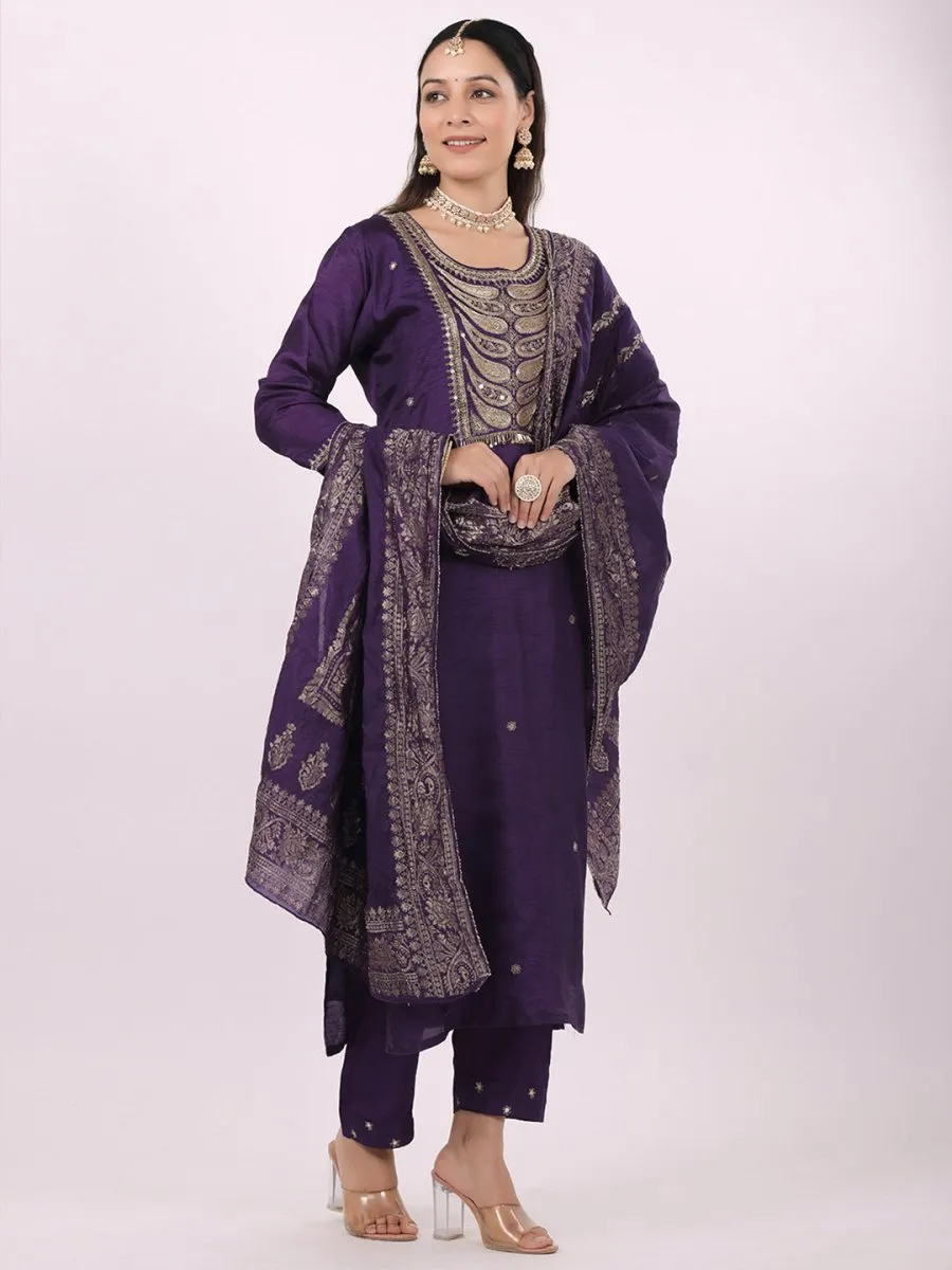 Satrangi Women's Purple Viscose Silk Embroidered Three Fourth Sleeve Round Neck Kurta Set