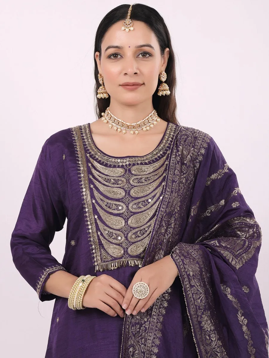 Satrangi Women's Purple Viscose Silk Embroidered Three Fourth Sleeve Round Neck Kurta Set