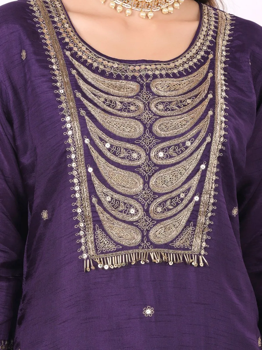 Satrangi Women's Purple Viscose Silk Embroidered Three Fourth Sleeve Round Neck Kurta Set
