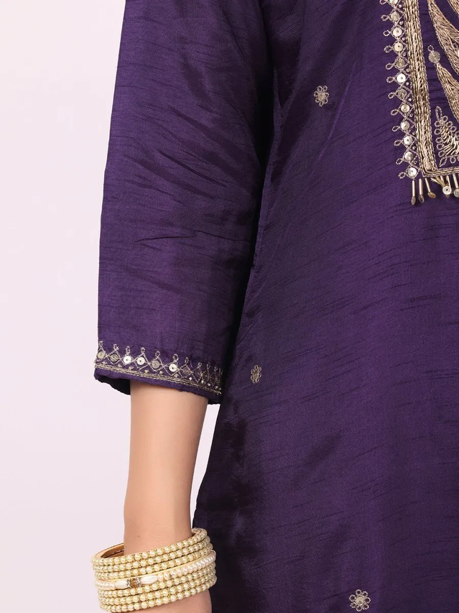 Satrangi Women's Purple Viscose Silk Embroidered Three Fourth Sleeve Round Neck Kurta Set