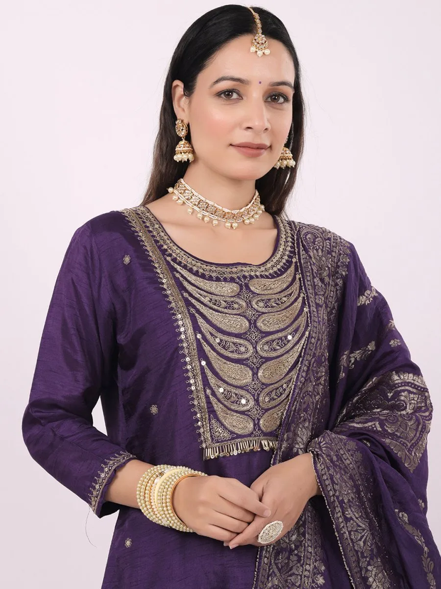 Satrangi Women's Purple Viscose Silk Embroidered Three Fourth Sleeve Round Neck Kurta Set