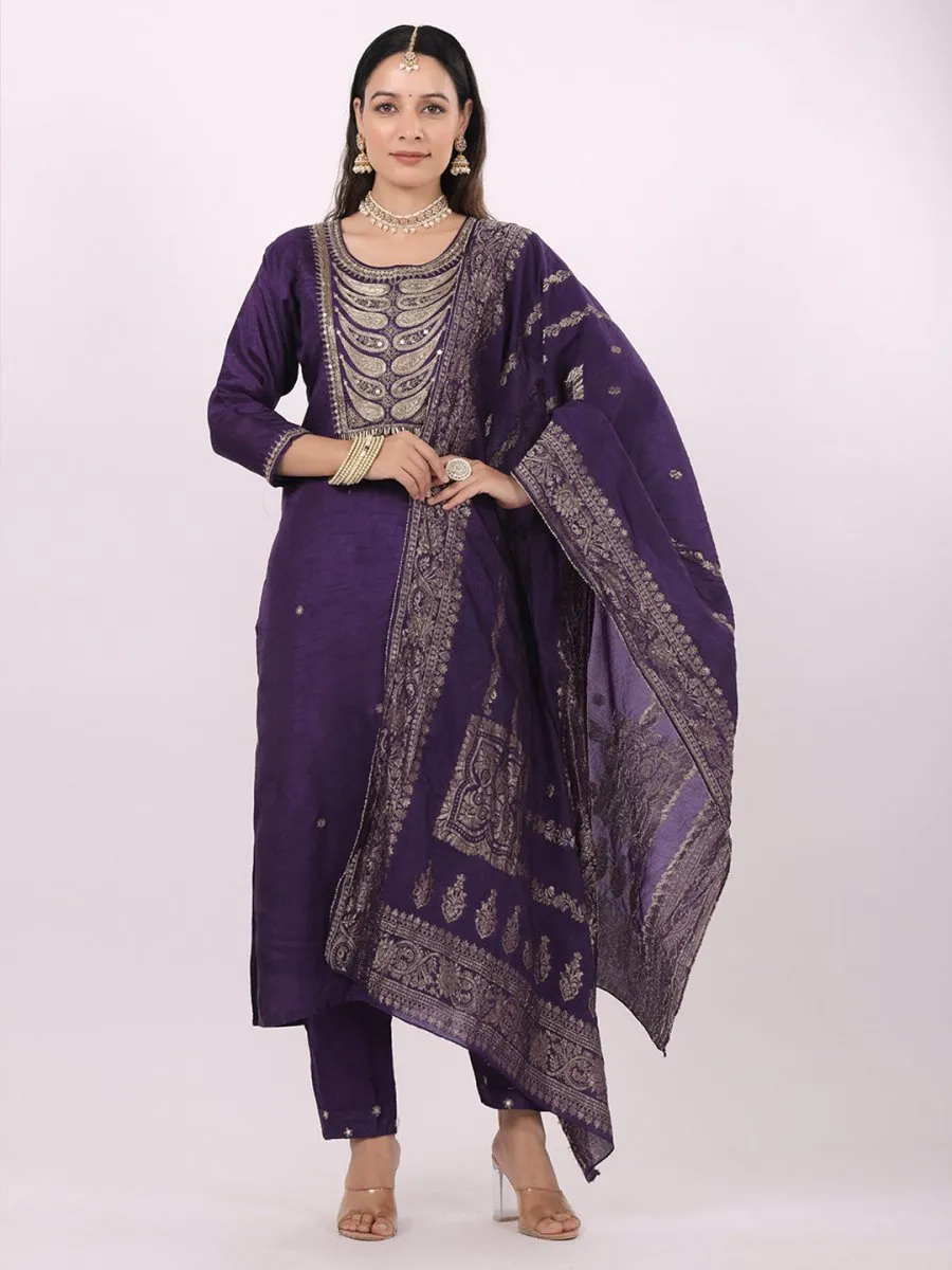 Satrangi Women's Purple Viscose Silk Embroidered Three Fourth Sleeve Round Neck Kurta Set