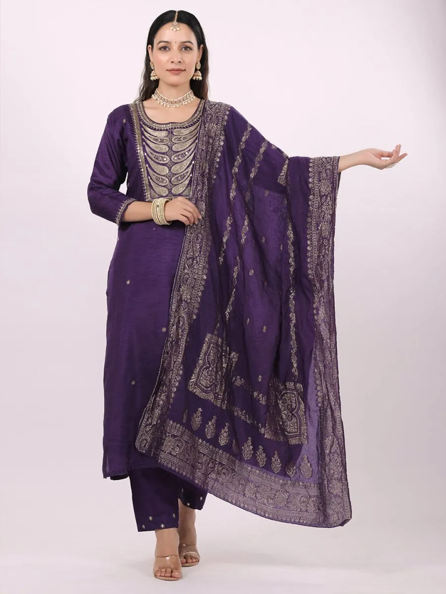 Satrangi Women's Purple Viscose Silk Embroidered Three Fourth Sleeve Round Neck Kurta Set